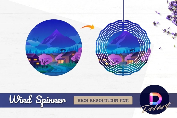 Mountain village at night with Round Wind Spinner PNG
