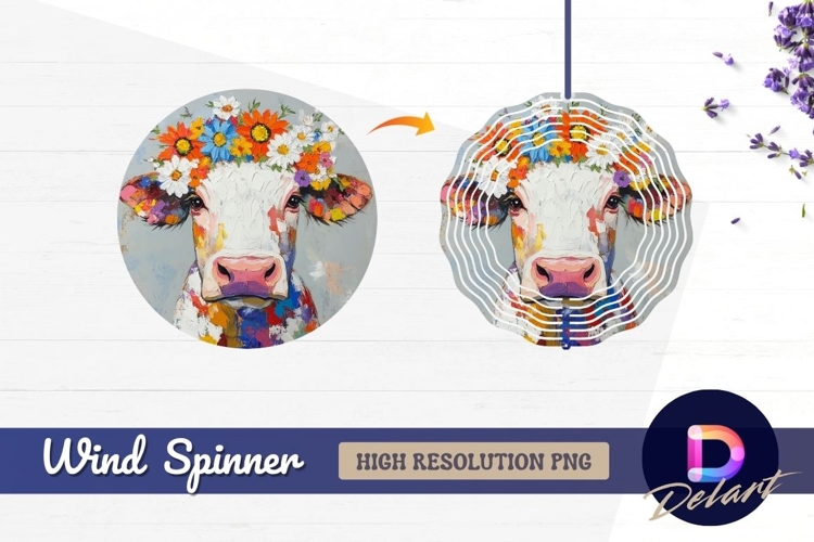Colorful cow painting with flower Round Wind Spinner PNG