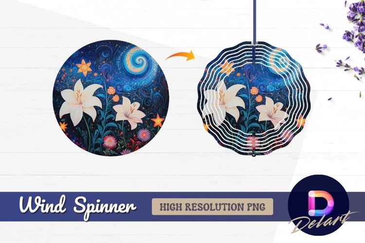 Night garden with lilies and Round Wind Spinner PNG