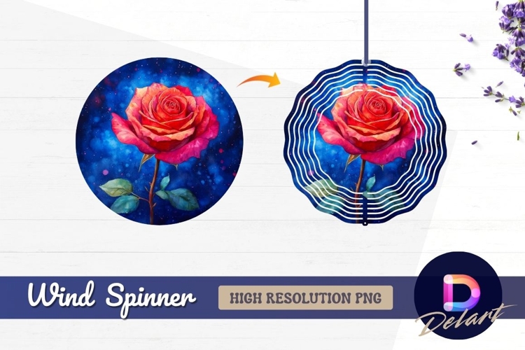 Watercolor rose flower on a cosmic Round Wind Spinner PNG