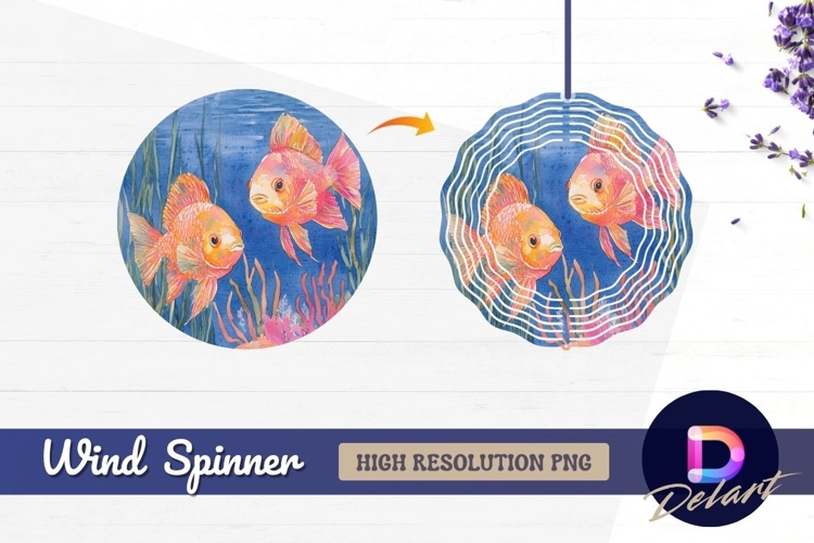 Watercolor goldfish swimming among Round Wind Spinner PNG