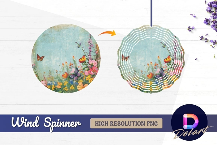 Floral field with butterflies Round Wind Spinner PNG