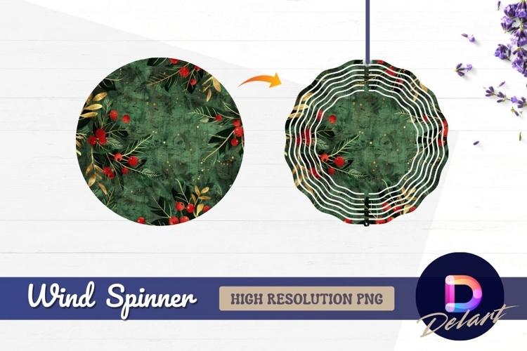 Festive green background with berries Round Wind Spinner PNG example image 1
