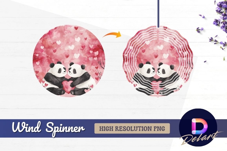 Watercolor pandas holding heart Round Wind Spinner PNG