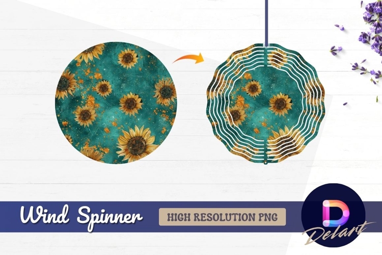 Sunflower pattern teal and gold Round Wind Spinner PNG