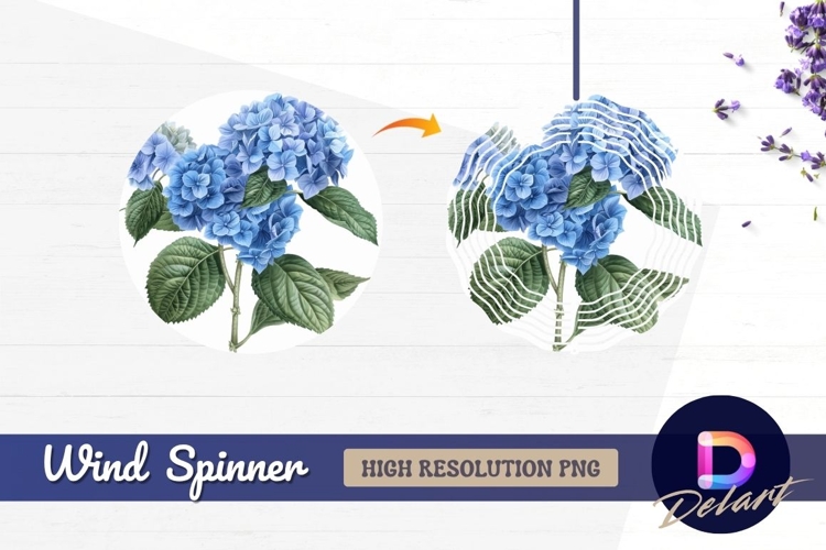 Beautiful blue hydrangea with lush Round Wind Spinner PNG