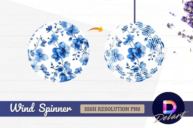 Blue watercolor floral Round Wind Spinner PNG
