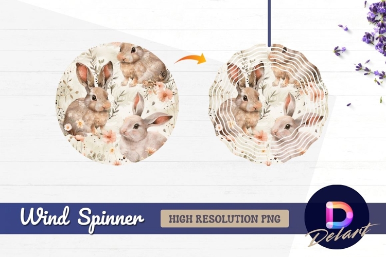 Watercolor rabbits with floral and Round Wind Spinner PNG