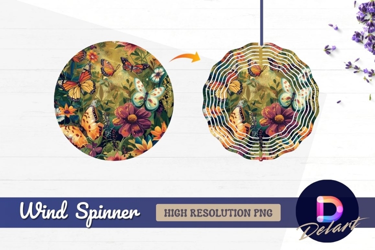 Butterflies and flowers with Round Wind Spinner PNG