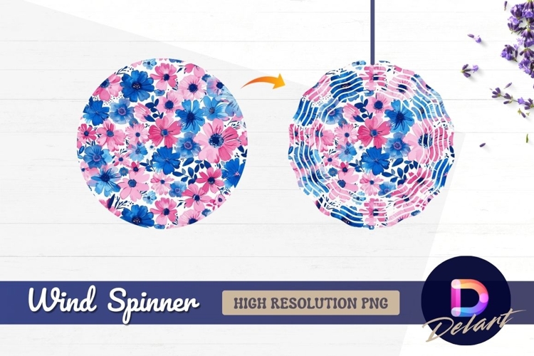 Pink and blue floral Round Wind Spinner PNG
