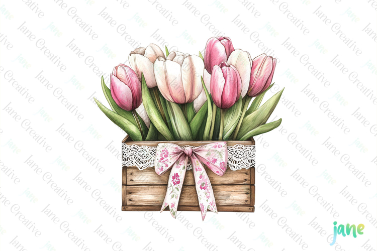 Pink Chinoiserie Spring Tulips Wooden Barrel Clipart