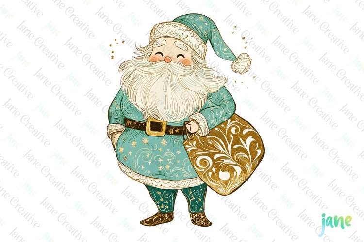 Gold And Mint Christmas Santa Claus Clipart