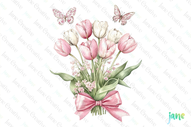 Pink Chinoiserie Spring Tulips Bouquet Clipart
