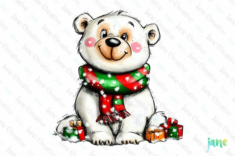 Hand-drawn Cartoon-style Polar Bear Christmas clip art example image 1