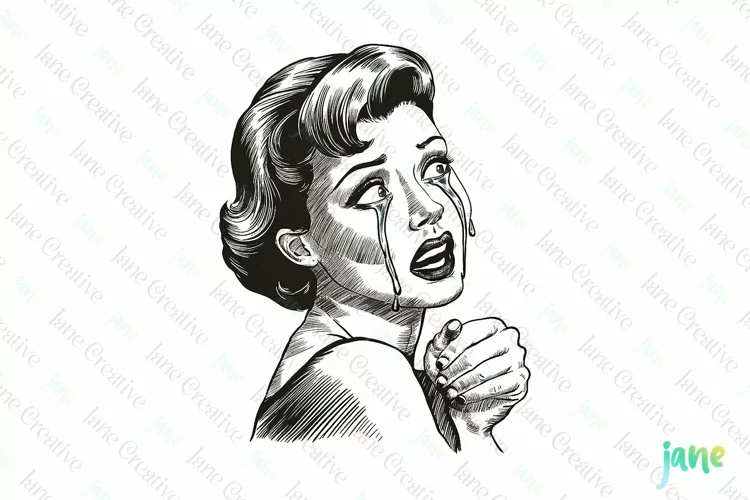 Vintage Woman Crying Sublimation Clipart