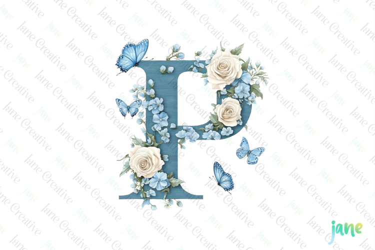 Watercolor Floral Butterflies Letter P