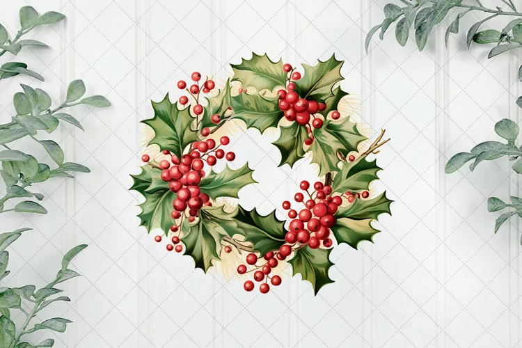 Vintage 1960s Holly Wreath Sublimation Clipart