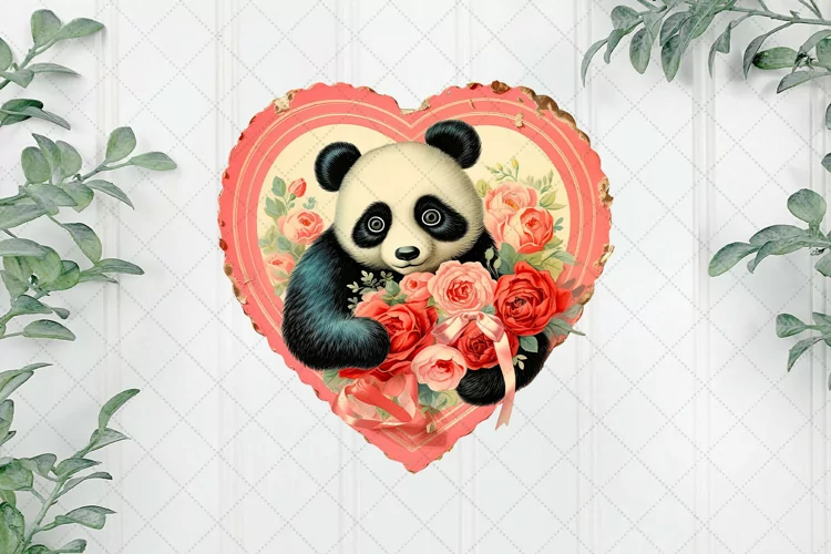 Vintage Panda With Rose Flowers Clipart
