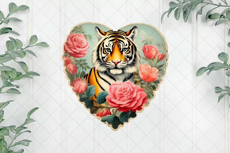 Vintage Tiger With Rose Flowers Clipart