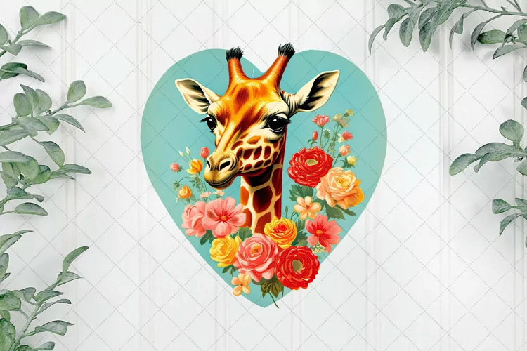 Vintage Giraffe With Rose Flowers Clipart