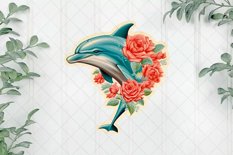 Vintage Dolphin With Rose Flowers Clipart