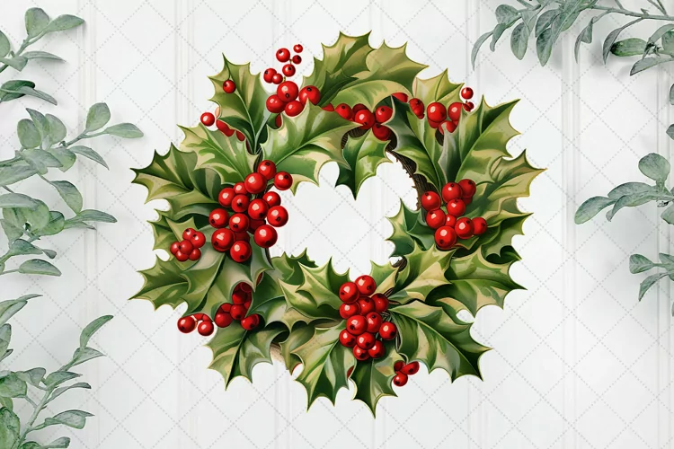 Vintage 1960s Holly Wreath Sublimation Clipart