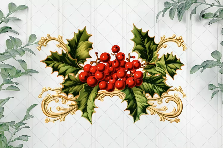 Vintage 1960s Holly Wreath Sublimation Clipart