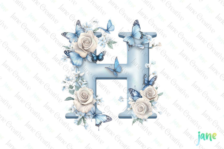 Watercolor Floral Butterflies Letter H