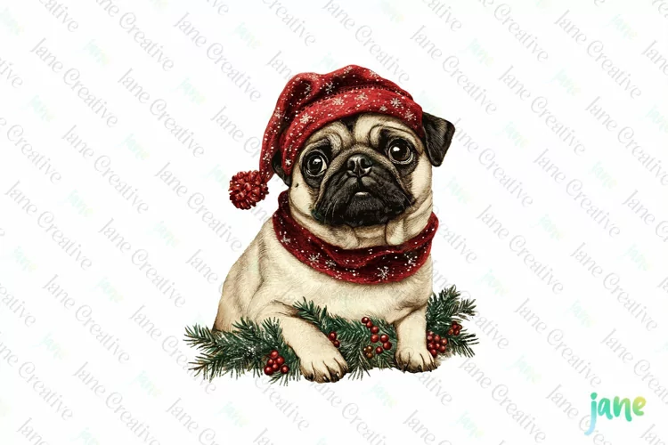Pug Dog Old Vintage Christmas Sublimation