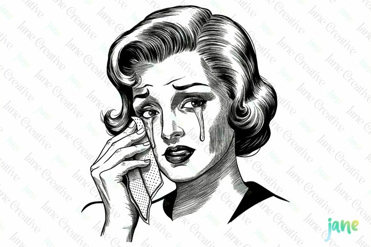 Vintage Woman Crying Sublimation Clipart example image 1