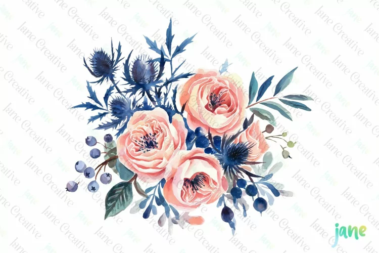 Watercolor Flowers Blue Fall Clipart