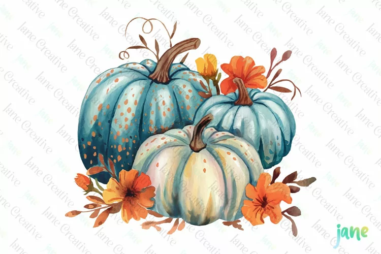 Watercolor Pumpkin Blue Fall Clipart