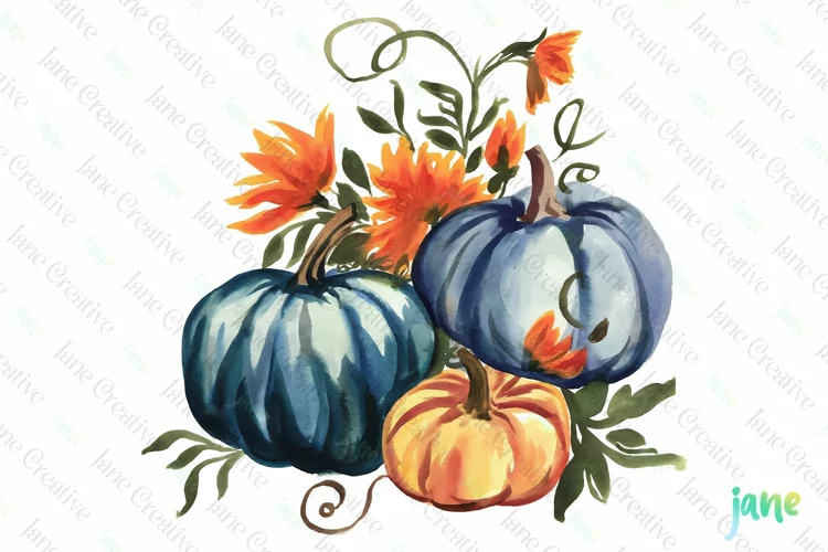 Watercolor Pumpkin Blue Fall Clipart