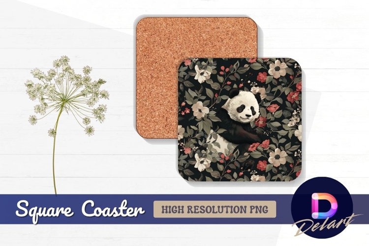 Panda bear surrounded by flowers and Square Coaster PNG