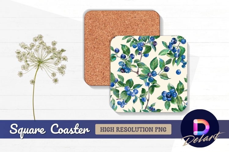 Watercolor blueberry pattern Square Coaster PNG