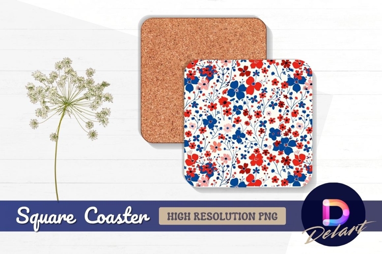 Red blue floral pattern Square Coaster PNG