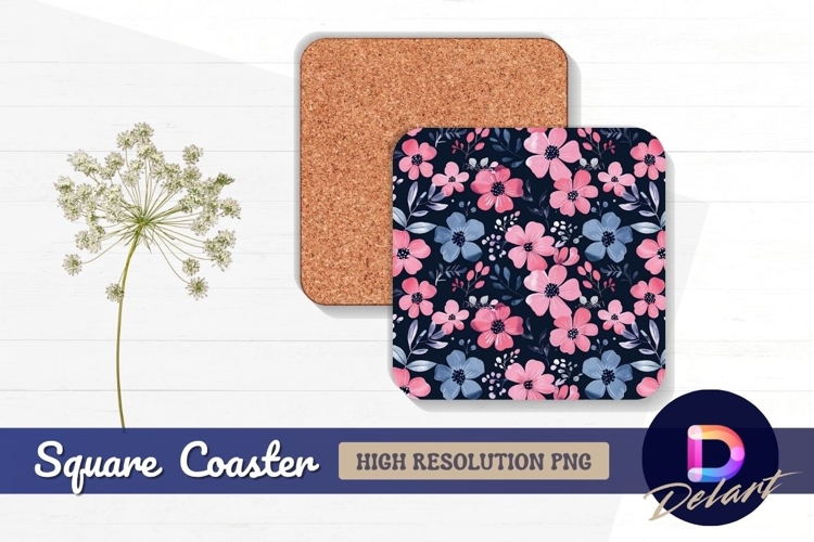 Pink and blue floral pattern on dark Square Coaster PNG