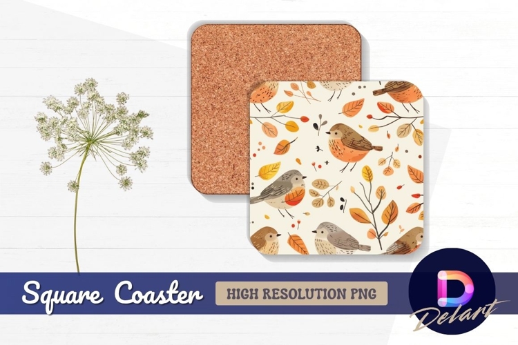 Autumn birds and leaves pattern Square Coaster PNG