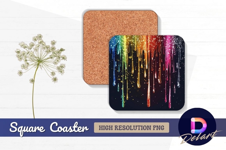 Rainbow dripping glitter on dark Square Coaster PNG