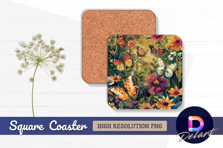 Vibrant butterfly garden colorful flowers Square Coaster PNG