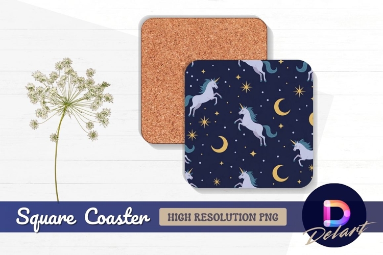 Unicorns moons stars celestial pattern square coaster png