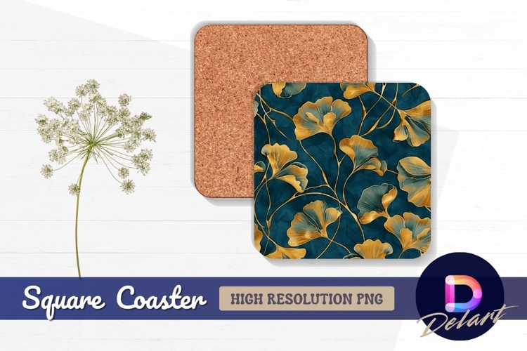 Golden ginkgo leaves on teal Square Coaster PNG
