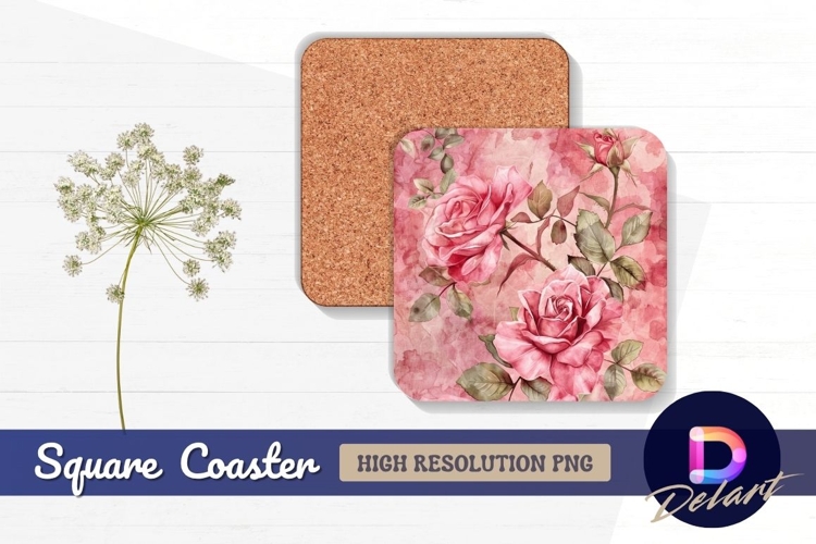 Pink roses watercolor background Square Coaster PNG