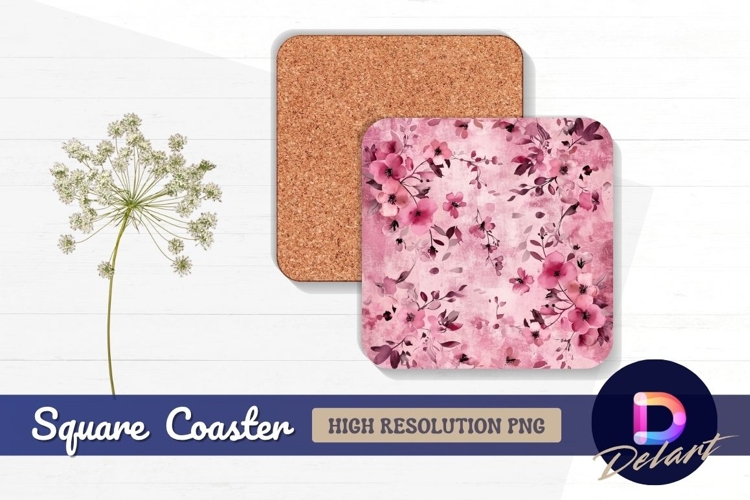 Pink floral watercolor painting Square Coaster PNG