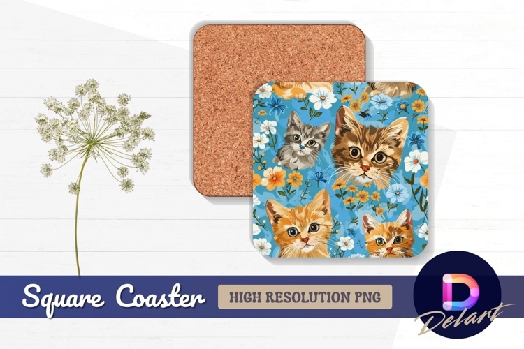 Cute kittens and flowers Square Coaster PNG