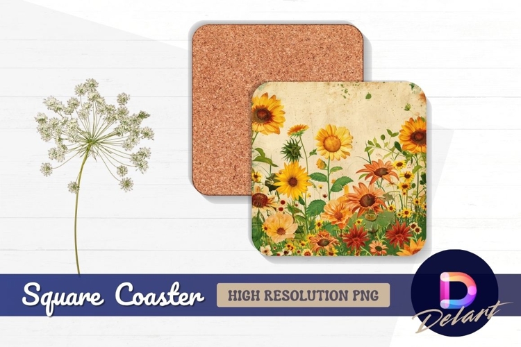 Sunflower garden watercolor Square Coaster PNG