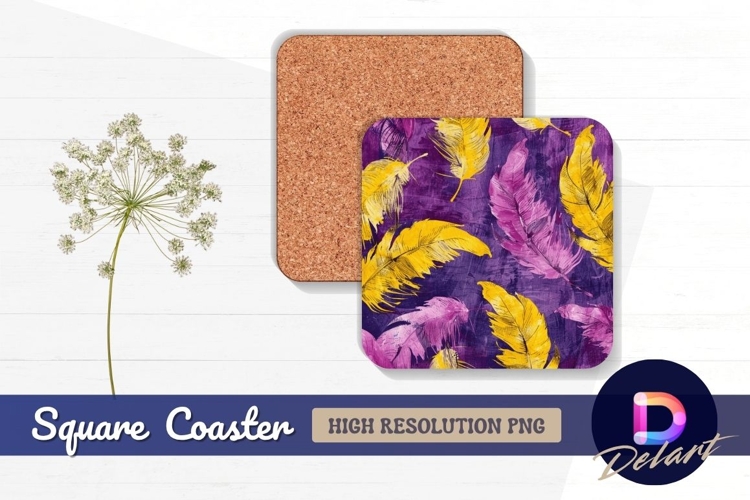Colorful feather pattern on purple Square Coaster PNG
