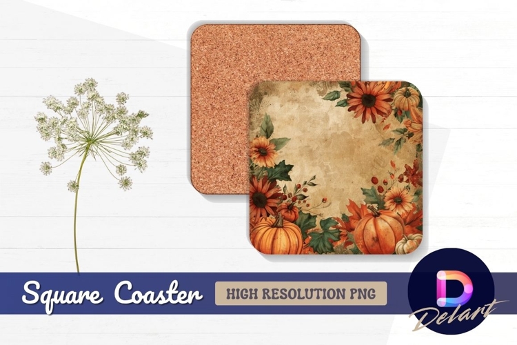 Autumn floral pumpkin Square Coaster PNG