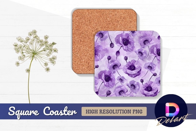 Purple poppies watercolor floral Square Coaster PNG