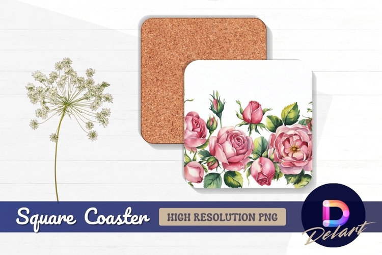 Watercolor pink roses border for square coaster png